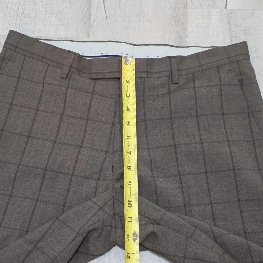 Paul Fredrick Men's Brown Windowpane Plaid 100% Wool Tailored Fit Dress Pants 34
